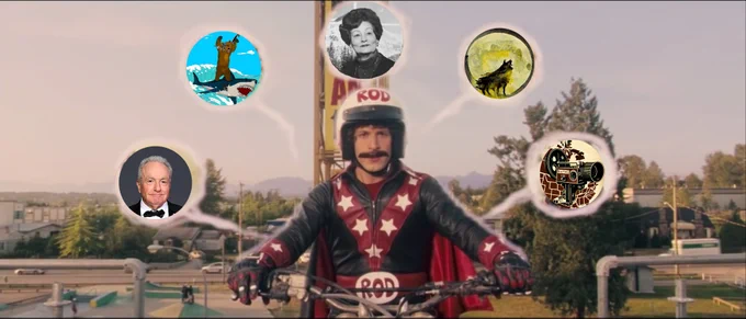 A picture of Andy Samberg as Rod from the movie Hot Rod. He's about to do his big stunt and he's channeling energy from Nate, Kate, Brent, the North American Friends Movie Club logo, and Lorne Michaels. 