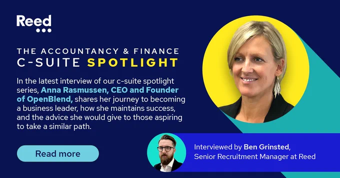 Social tile introducing Anna Rasmussen, interviewed for our C-suite Spotlight series by Ben Grinsted, Reed's Senior Recruitment Manager at Reed. Read more.