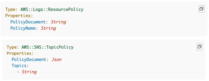 Type: AWS::Logs::ResourcePolicy
Properties: 
  PolicyDocument: String
  PolicyName: String

Type: AWS::SNS::TopicPolicy
Properties: 
  PolicyDocument: Json
  Topics: 
    - String