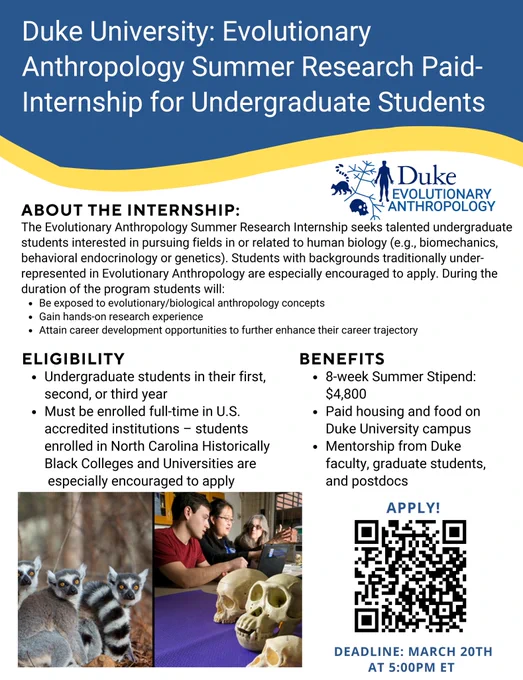 Flyer including the department's logo, a photo of a lemur and students looking at hominid skulls and a description of the internship (available with more details at the link on the tweet itself).