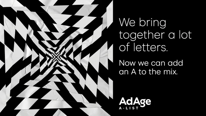 Graphic that features a black and white swirl made out of the VMLY&R logo on the left and white text on a black background that reads, "We bring together a lot of letters. Now we can add an A to the mix. Ad Age A-List."