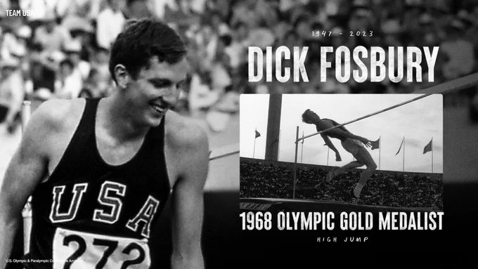 Graphic celebrating the life and legacy of Dick Fosbury paired with the text, "1947 - 2023 | Dick Fosbury | 1968 Olympic Gold Medalist High Jump" 