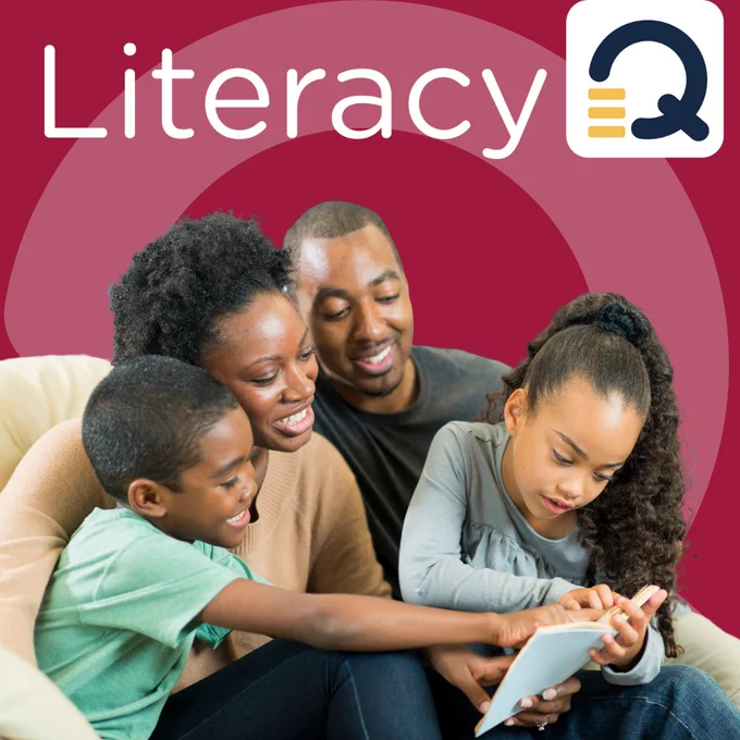 LiteracyQ Logo. A family reads together. Red background.