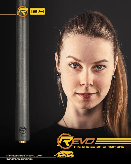 European Champion, Margaret Fefilova-Styer, chooses our REVO 12.4, designed for cue ball control and more versatility on the table. 