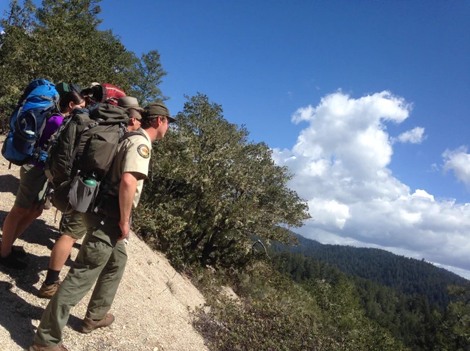 A group of backpackers stand in a line, looking out at forested hills