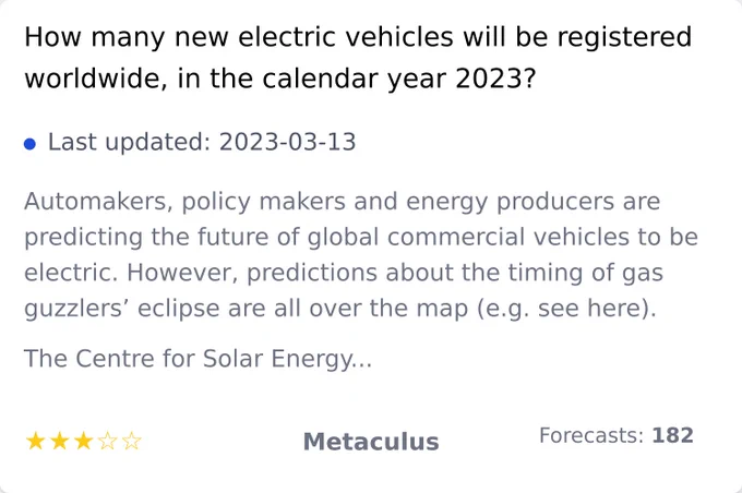 How many new electric vehicles will be registered worldwide, in the calendar year 2023?, https://www.metaculus.com/questions/3542/how-many-new-electric-vehicles-will-be-registered-worldwide-in-the-calendar-year-2023/