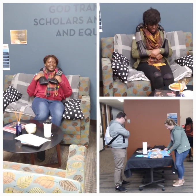 Collage photo of students using a portable neck massager and making grilled cheese on a griddle.