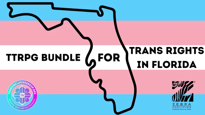 The cover image of the bundle, featuring the outline of Florida over the trans flag, and the logos of our charities.