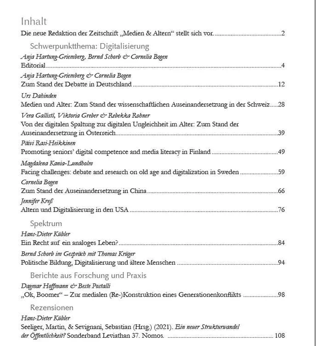 Inhaltsverzeichnis der neuesten Ausgabe der Zeitschrift "Medien und Altern"  