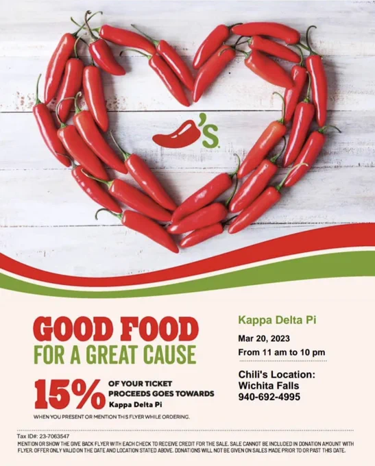 Flyer to raise money for Booker T Washington
Elementary! Location: Chili’s Date: Monday March 20,
2023 Time: 11am- 10pm