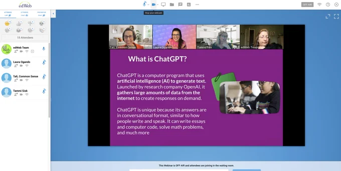 Screenshot of a presentation shared during the edWeb titled: ChatGPT: To Ban or Not to Ban? The screen shows the slide that gives the Common Sense Education defintion of ChatGPT. Tali, Laura, Tammi, and Regina from edWeb are featured at the top of the panel.