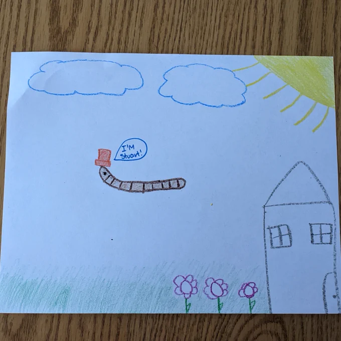 Children's drawing of a schoolhouse with clouds and a sun. Pictured at the center of the page is a worm in a red had with a speech bubble stating, "I'm Stuart!"