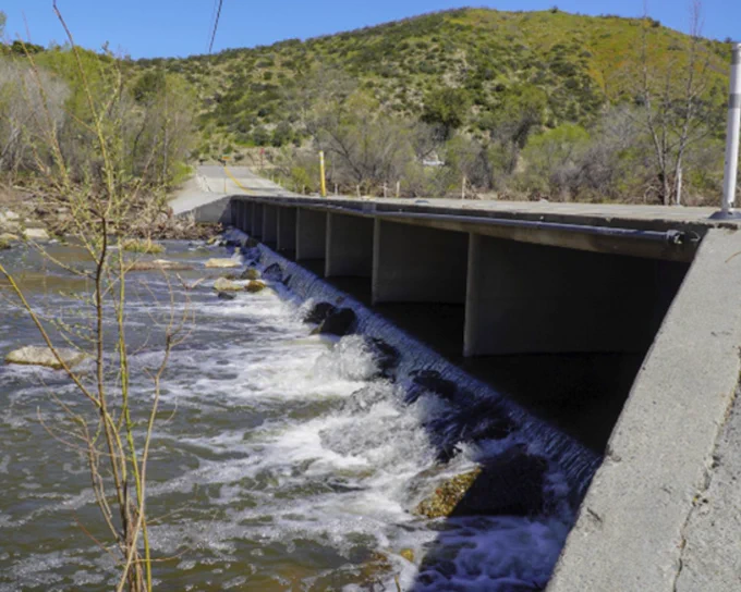 The current bridge that blocks fish passage on the Santa Margarita River in Fallbrook, CA (San Diego County).