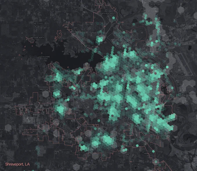 Map showing Helium coverage within the city limits of Shreveport, LA