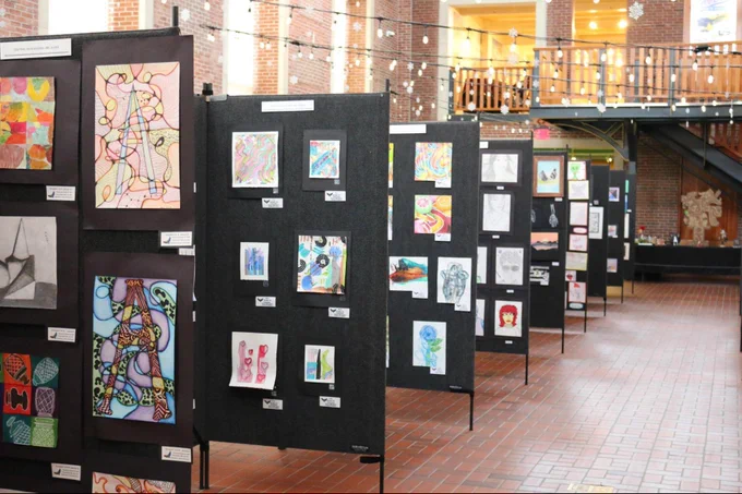 Rows of walls filled with student art