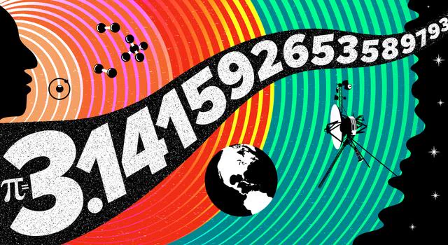 An illustration showing pi extended to the first 15 decimal places surrounded by a hydrogen atom, several molecules, Earth, a Voyager spacecraft and the profile of a human face with concentric circles extending from the head.