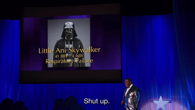 the baby of the year sketch from i think you should leave with a photo of darth vader as part of the in memoriam segment and the host is saying "shut up"