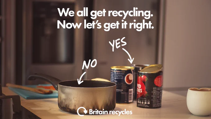 [Image Description: The image shows a burnt saucepan with "no"  and an arrow pointing to it, and some empty tomato tins, which have "yes" and an arrow pointing to them. The caption above reads "We all get recycling. Now let's get it right"]
