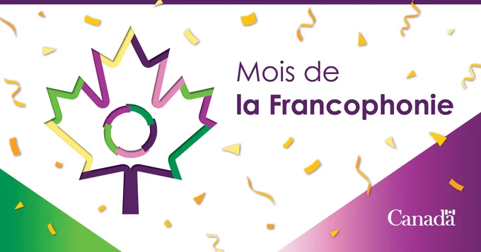 Logo de la Francophonie dans une feuille d’érable. Texte en superposition sur un fond blanc : Mois de la Francophonie
Blocs triangulaires de couleur verte et violette dans les coins droit et gauche, et confettis jaunes/or ajoutés.