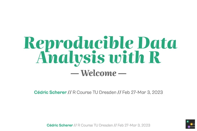 The title slide of the workshop "Reproducible Data Analysis with R".
