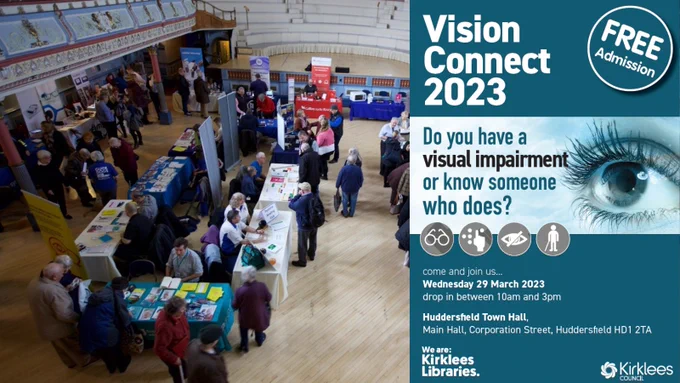 Photo of people gathering around tables in Huddersfield Town Hall along with promotional leaflet for Vision Connect 2023