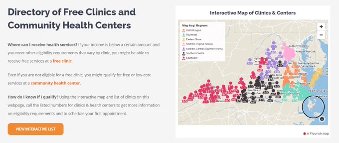 Screenshot of top section of Enroll Virginia "Directory of Free Clinics and Community Health Centers" page. The left half is text and the right half is an interactive map.