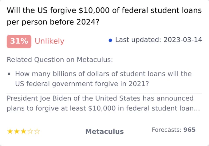 Will the US forgive $10,000 of federal student loans per person before 2024?, https://www.metaculus.com/questions/7154/us-forgive-10k-student-debt-before-2024/