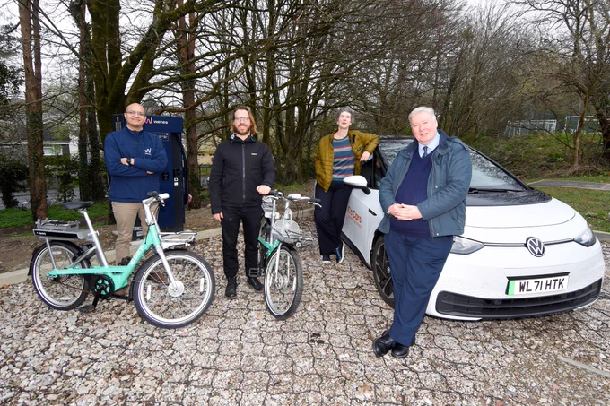 Cllr Drean and others with the e-bikes and e-cars