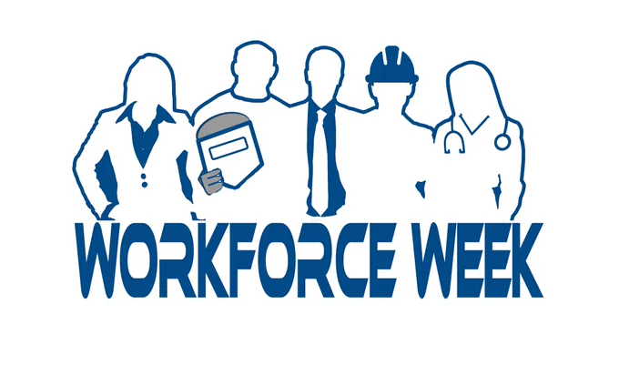 The logo for Workforce Week in Nebraska, with "Workforce Week" in blue text and outlines of men and women in business, healthcare and manufacturing attire.