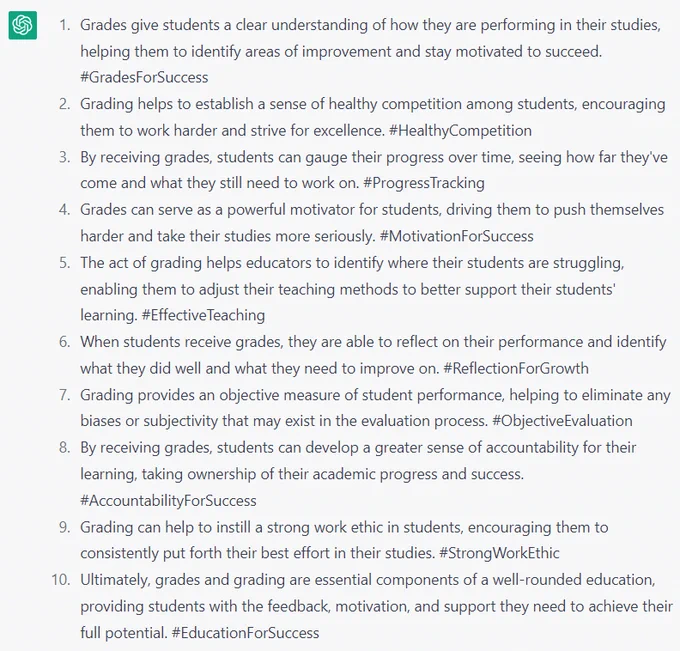 Tweets written by ChatGPT to discuss how "grades aid learning." 
