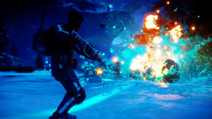 An explosion is ripping apart mutated Dinosaur eggs while a man with a grenade launcher is watching from the left.