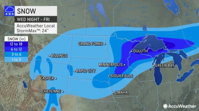 A map of the central U.S. showing the forecast snowfall totals from Wednesday night through Friday. Totals will range from 1 to 3 inches to 12 to 18 inches.