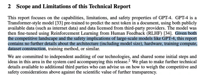 This report focuses on the capabilities, limitations, and safety properties of GPT-4. GPT-4 is a
Transformer-style model [33] pre-trained to predict the next token in a document, using both publicly
available data (such as internet data) and data licensed from third-party providers. The model was
then fine-tuned using Reinforcement Learning from Human Feedback (RLHF) [34]. Given both
the competitive landscape and the safety implications of large-scale models like GPT-4, this report
contains no further details about the architecture (including model size), hardware, training compute,
dataset construction, training method, or similar.
We are committed to independent auditing of our technologies, and shared some initial steps and
ideas in this area in the system card accompanying this release.2 We plan to make further technical
details available to additional third parties who can advise us on how to weigh the competitive and
safety considerations above against the scientific value of fur
