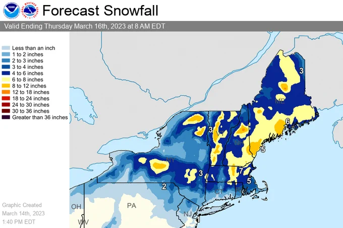 Map of forecast snowfall from 2 PM Tuesday March 14th through 8 AM Thursday March 16th. Additional snow accumulations of 6-12 inches will be possible from New York to Maine. 