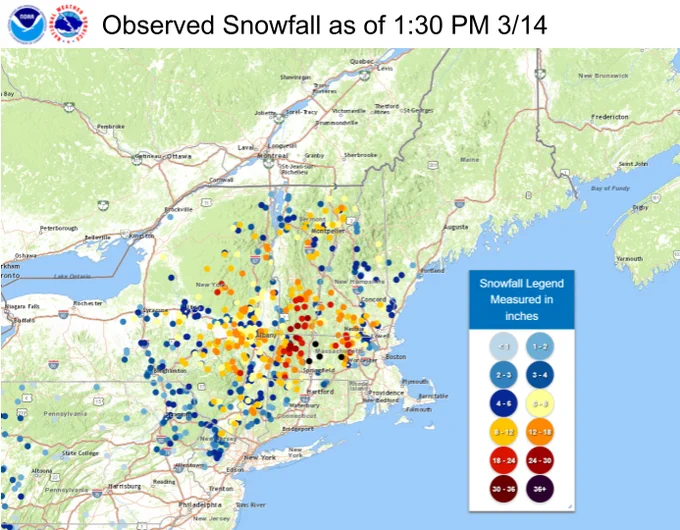 Map of observed snowfall over the Northeast as of 1:30 PM on Tuesday March 14th. Parts of eastern New York, Vermont, New Hampshire, Massachusetts, and northwestern Connecticut have received 1-2 feet of snow.