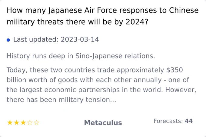 How many Japanese Air Force responses to Chinese military threats there will be by 2024?, https://www.metaculus.com/questions/9959/japanese-air-force-responses-to-china/