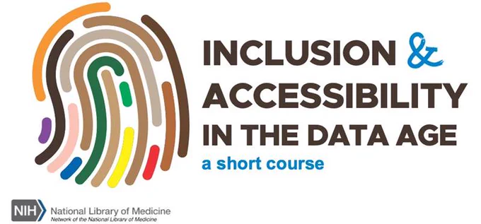Text for Inclusion and Accessibility in the Data Age Short Course and Logo of colorful fingerprint ridges 
