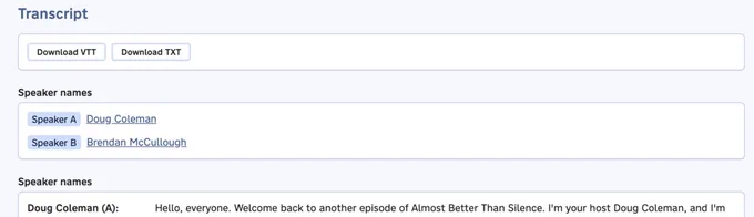 A screenshot of the Transcript tab for an episode, showing a transcript with two speakers with custom names set