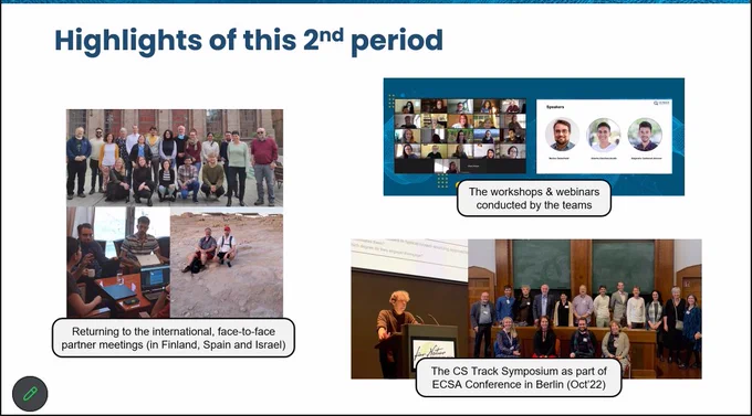 slide reads "Highlights of this 2nd period, Reruning to the international face to face partner meetings in Finland, Spain, Israel
The workshops & webinars conducted by the learners
The CS Track Symposium as part of ECSA Conference in Berlin (Oct'22)"