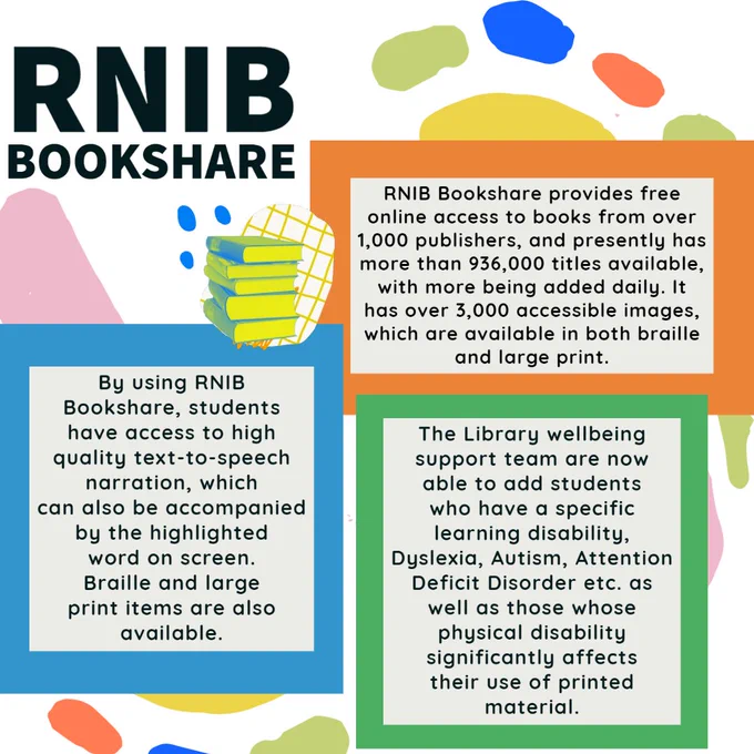 RNIB Bookshare provides free online access to books from over 1,000 publishers, and presently has more than 936,000 titles available, with more being added daily. It has over 3,000 accessible images, which are available in both braille and large print.

By using RNIB Bookshare, students have access to high quality text-to-speech narration, which can also be accompanied by the highlighted word on screen. Braille and large print items are also available.

The Library wellbeing support team are now able to add students who have a specific learning disability, Dyslexia, Autism, Attention Deficit Disorder etc. as well as those whose physical disability significantly affects their use of printed material.