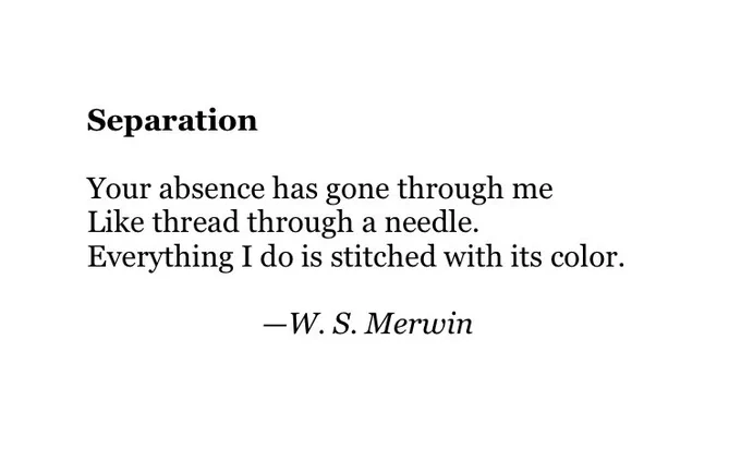 Separation

Your absence has gone through me
Like thread through a needle.
Everything I do is stitched with its color.

                        —W. S. Merwin