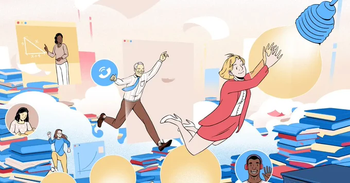 A colorful background of books and screens. Individuals are jumping between stacks.