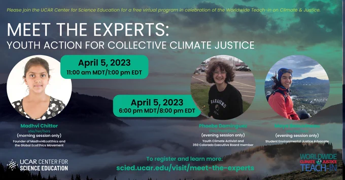 A digital graphic for the April 5th Meet the Experts program titled "Youth Action For Collective Climate Justice."