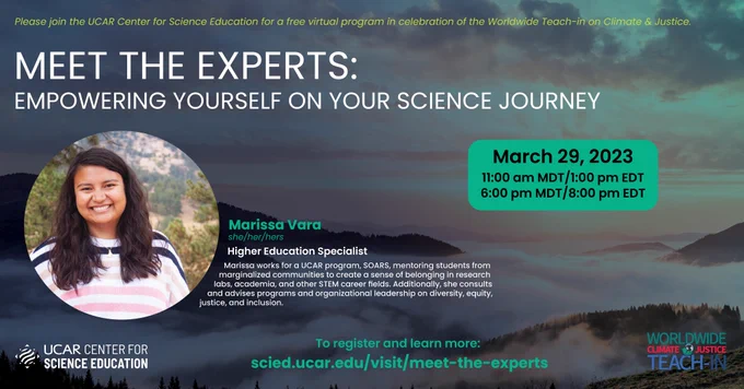A digital graphic for the March 29th Meet the Experts program titled "Empowering Yourself on Your Science Journey." 