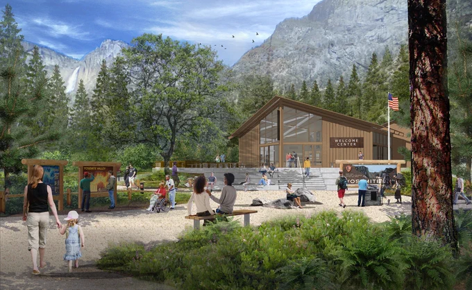 Computer rendering of a welcome center in a forest. There are people walking around and sitting on benches. Beyond the welcome center building are Yosemite's granite cliffs and Yosemite Falls. 
