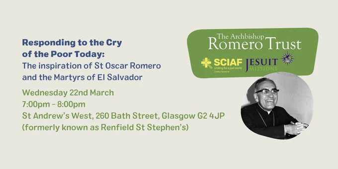 Responding to the Cry of the Poor Today. Wed 22nd Mar. 7pm-8pm. St Andrew's West, 260 Bath Street, Glasgow, G2 4JP.