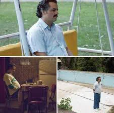 Pablo Escobar is in deep thought, in many locations including the dining room, empty pool, and patio. Which is nice.