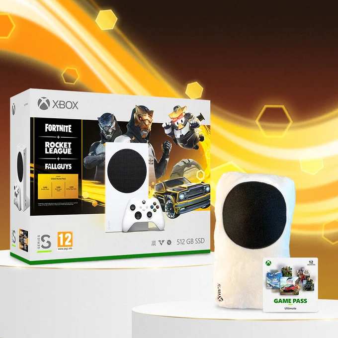A visual graphic showing the Xbox Series S Gilded Hunter Bundle, an Xbox Series S Plushie and a small card showing 12 Months Xbox Game Pass Ultimate.