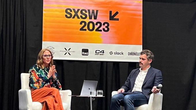 A photo of our CMO, Jamie Gilpin, and TikTok's Head of Global Commerce Partnerships talking during our South by Southwest session.