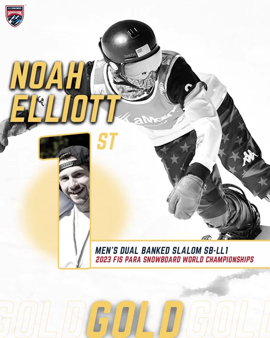 Noah Elliott gold medal graphic with pictures from dual banked slalom.